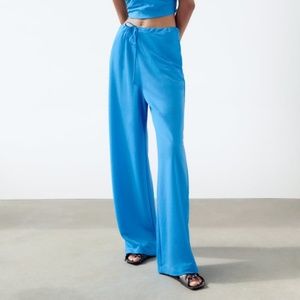 Zara blue boho flowy wide straight leg pants NWT